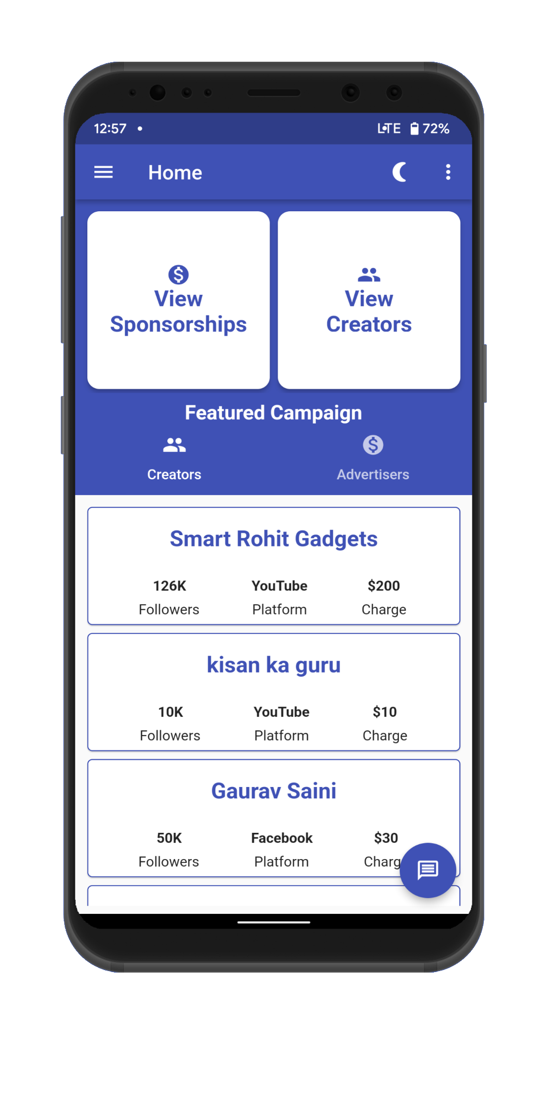 Sponso mobile app interface